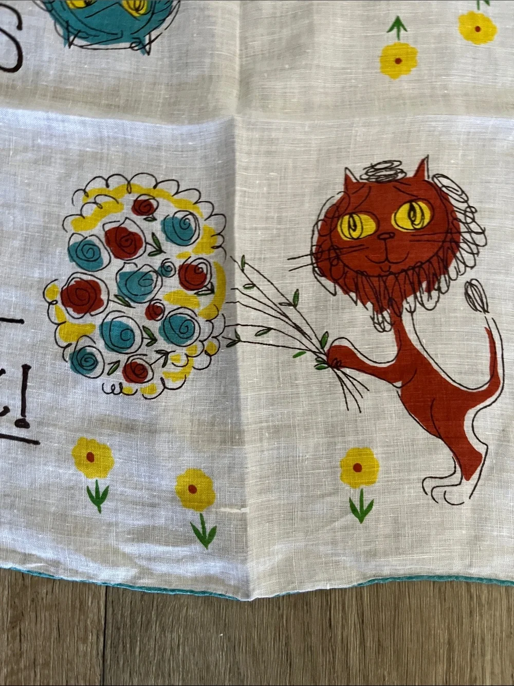 RARE Vintage Get Well Quick! Printed Handkerchief with Colorful Cats by Welcher